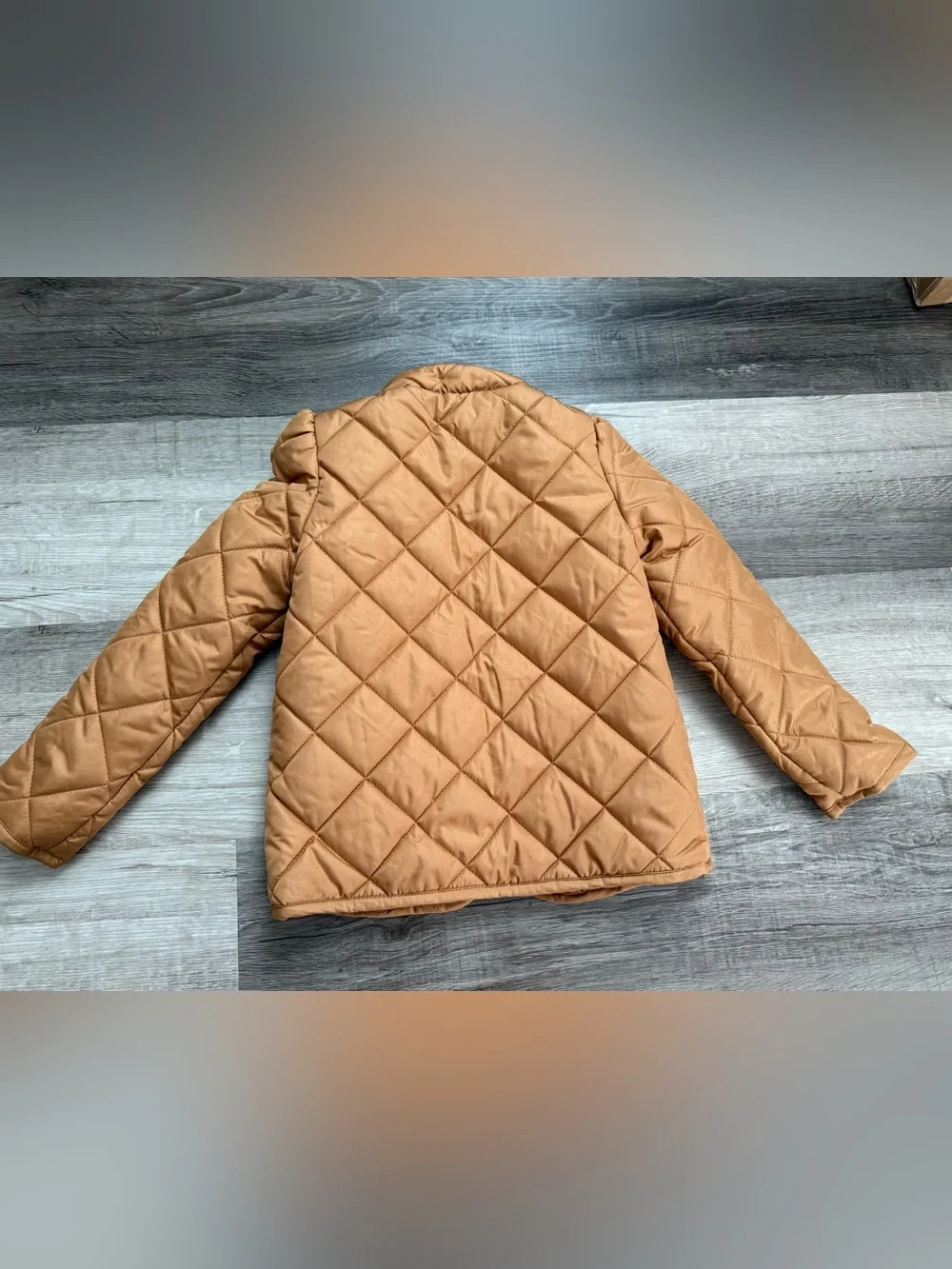 crown & ivy Quilted Tan Puffer Jacket with Ruffle Trim